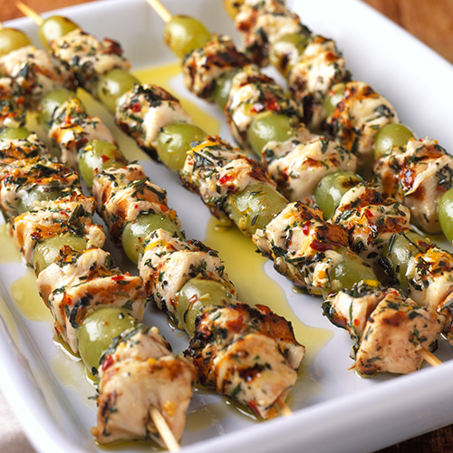 Mediterranean grilled chicken and grape skewers