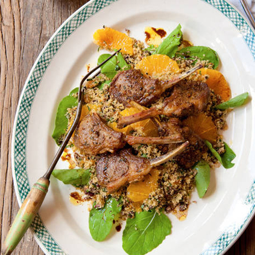 Coastal lamb Moroccan cutlets on olive couscous salad