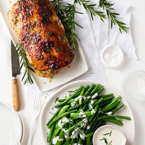 Stuffed turkey roast with green beans and buttermilk dressing