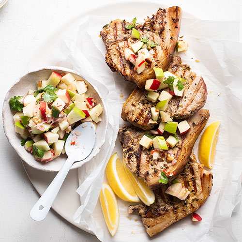 Barbecued pork loin chops with rough apple salsa