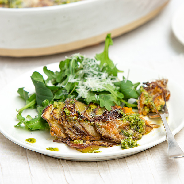 Delicious kumara gratin pesto