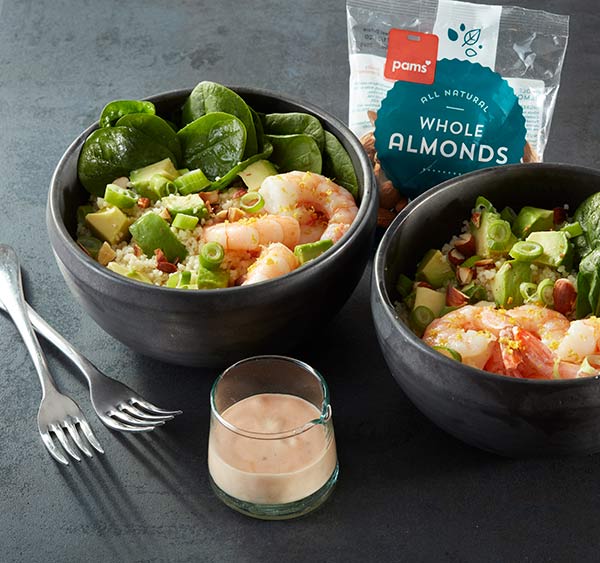 Couscous with jumbo prawns, avocado and almonds