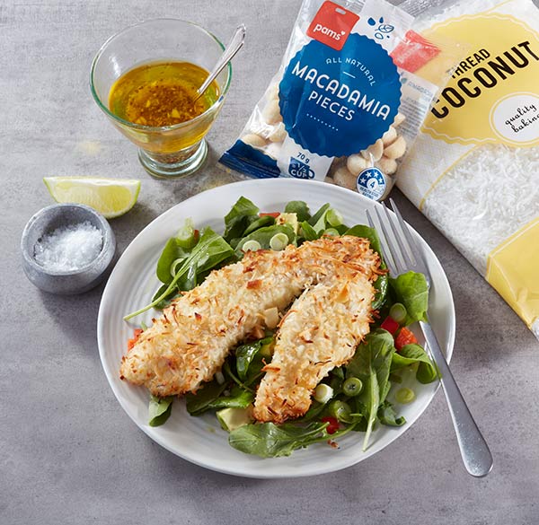 Macadamia and coconut crumbed fish