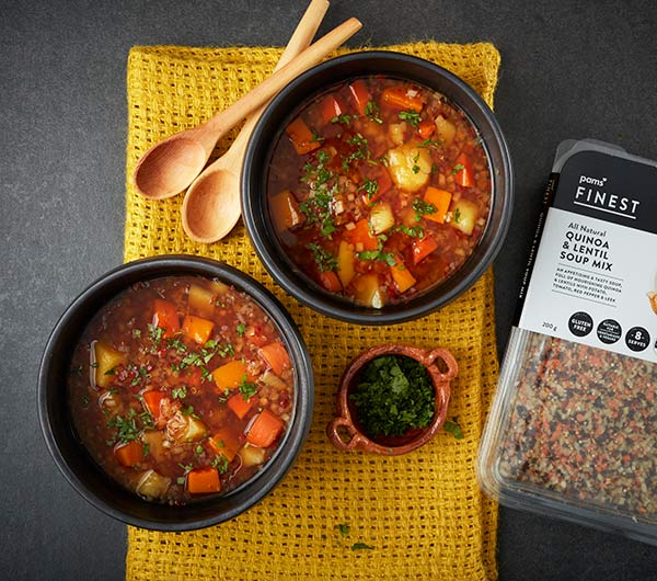 Quinoa and lentil soup with organic vegetables