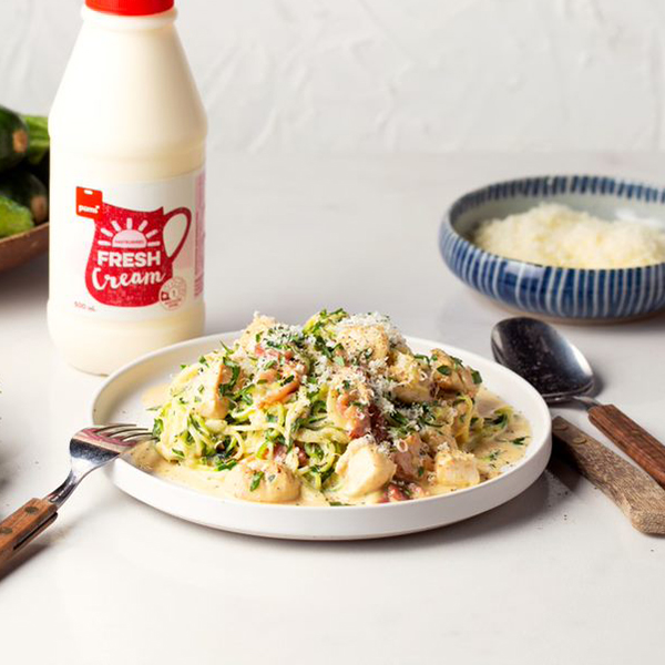 Keto bacon and chicken zucchini carbonara