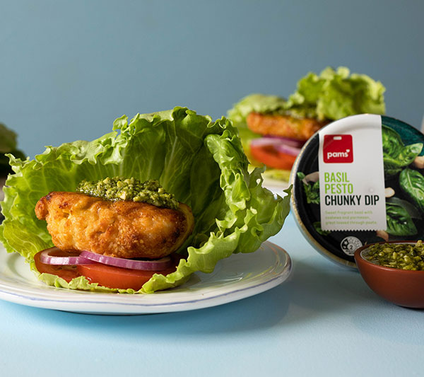 Crispy chicken & pesto keto burgers