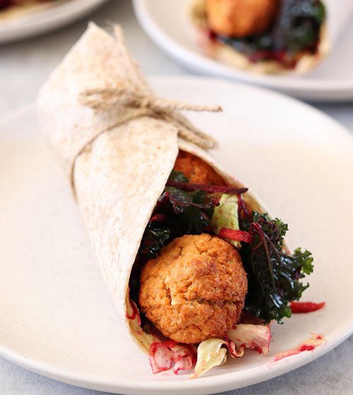 Red lentil falafel wrap