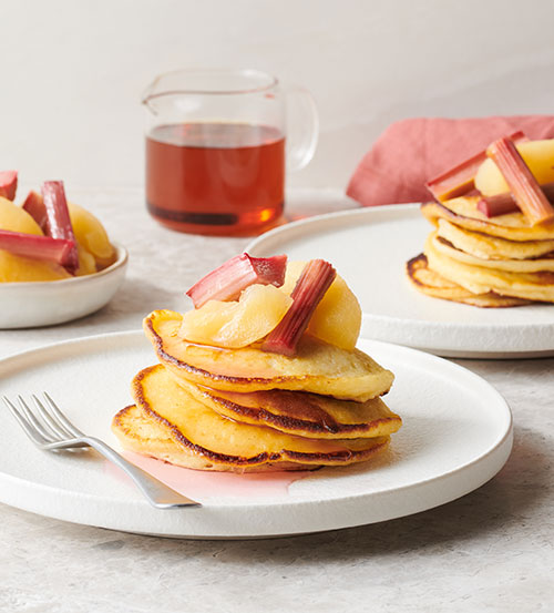 Ricotta pancakes with apple and rhubarb