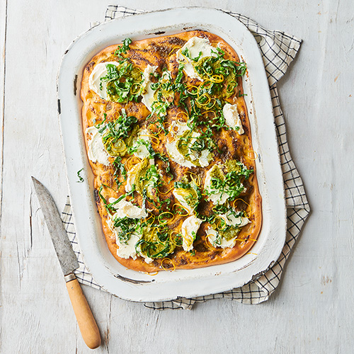 Silverbeet and ricotta focaccia pizza