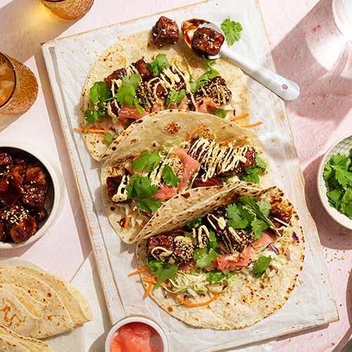 Crispy tofu and sesame slaw tacos