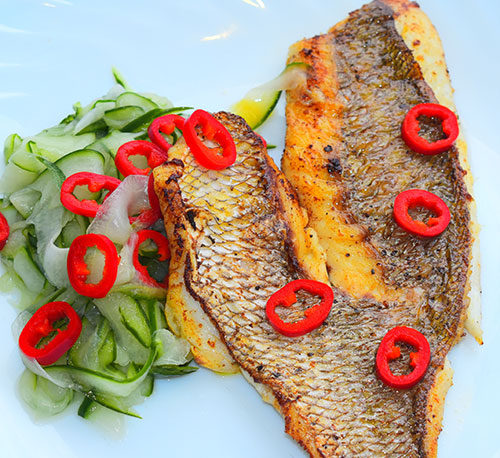 Leigh skin on snapper fillets with cucumber pickle