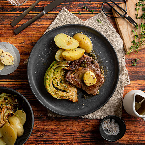 Steak with cabbage and potatoes