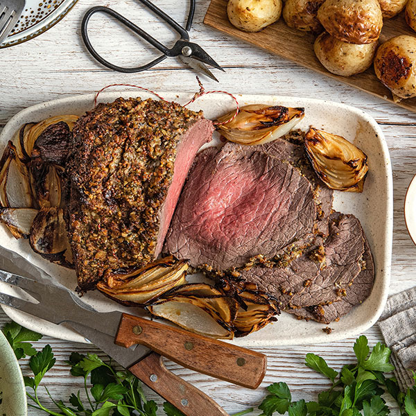 Gluten-free mustard and garlic crust roast beef