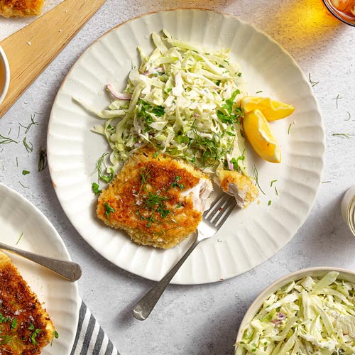 Crumbed fish with slaw