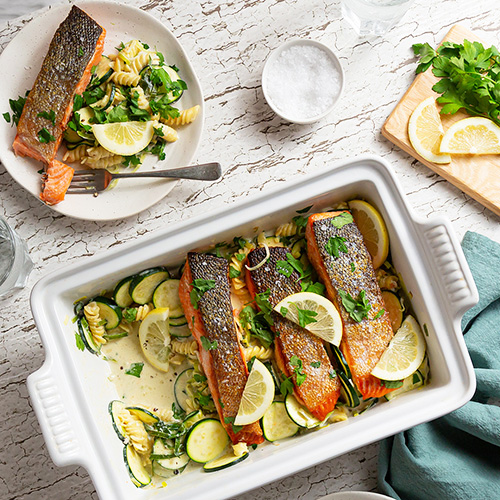 Silky salmon and leek pasta 