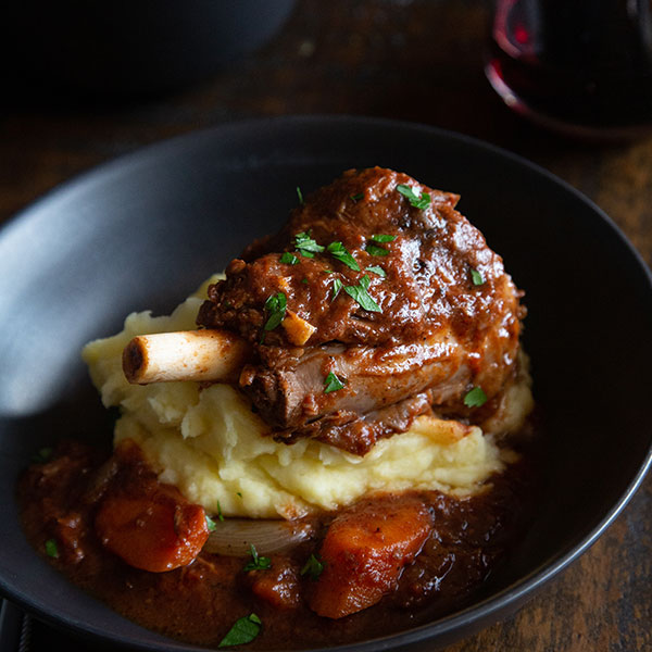 Balsamic and tomato slow cooked lamb shanks