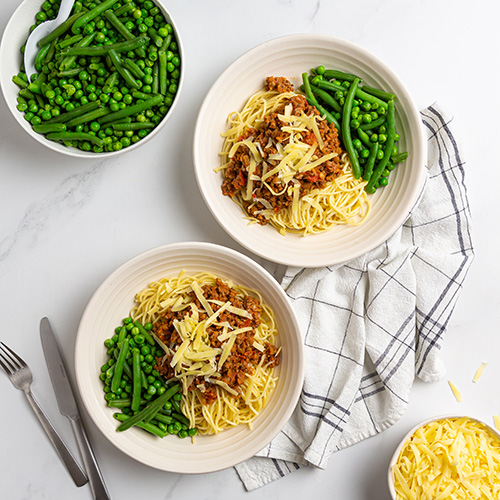 Spag bol with cheese and greens