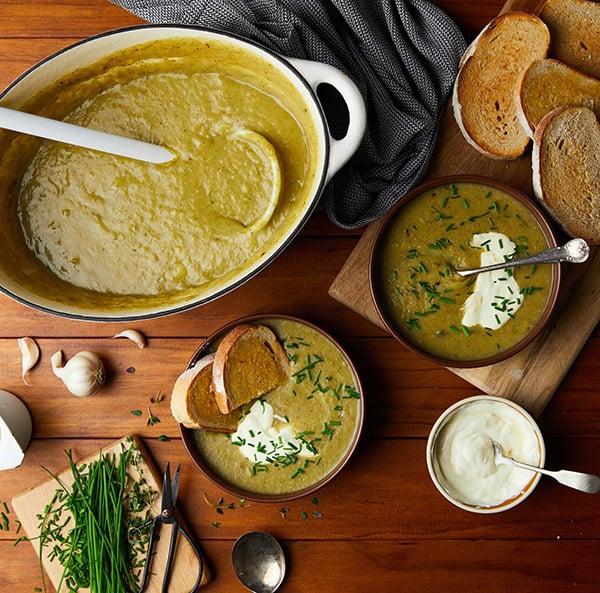 Delicious leek and potato soup final recipe photography