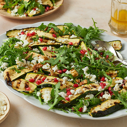 Grilled courgette, feta and pomegranate salad