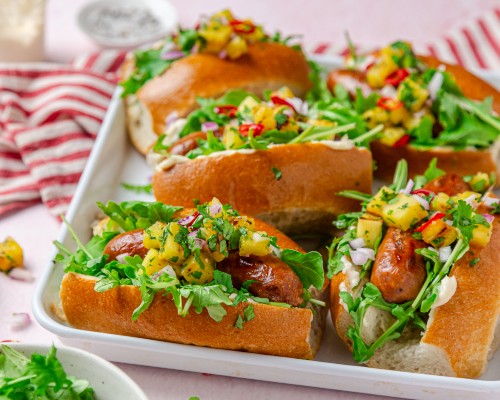 Barbecue pineapple salsa hot dogs
