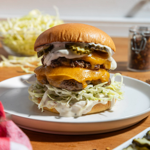 Spicy ranch and garlic bread cheeseburger