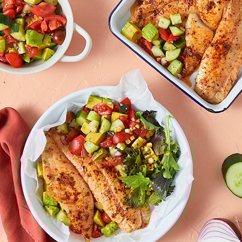BBQ fish and tomato salad