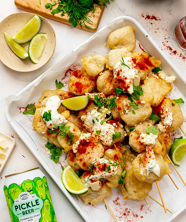 Beer battered pickle skewers