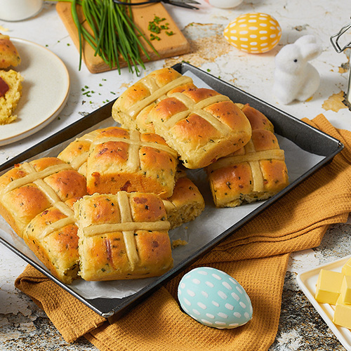 Cheesy chive hot cross buns