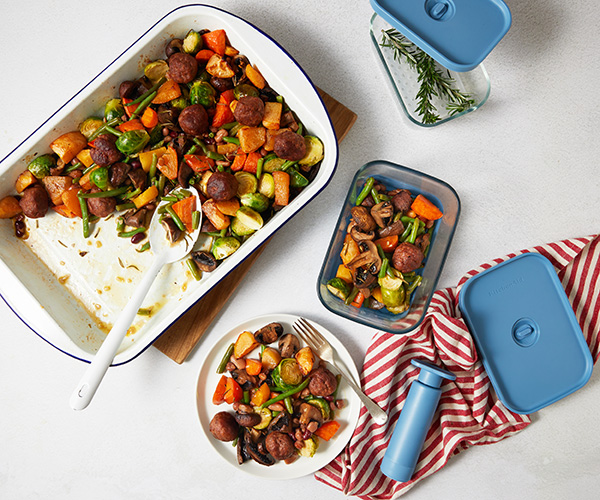 Garlic Butter Mushroom and Meatball Traybake