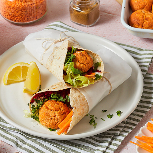 Red lentil falafel wrap