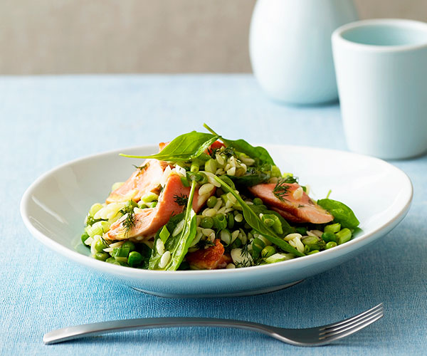 Summer pea and risoni salad with salmon