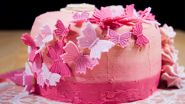 Vanilla sponge cake with raspberry mousse and butter cream icing