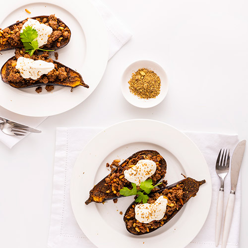 Spiced eggplant with lamb and pine nut stuffing
