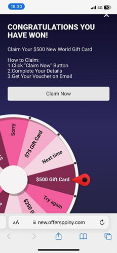 Scam website with spinning wheel