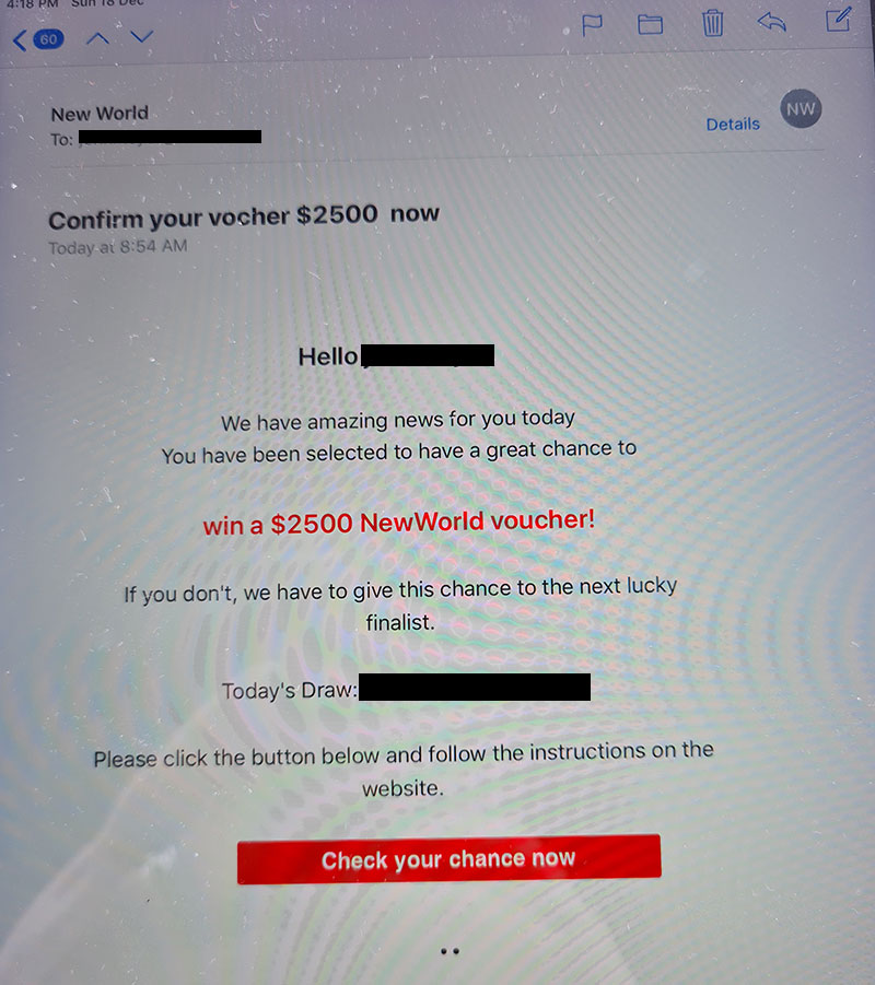 scam email sent to customers