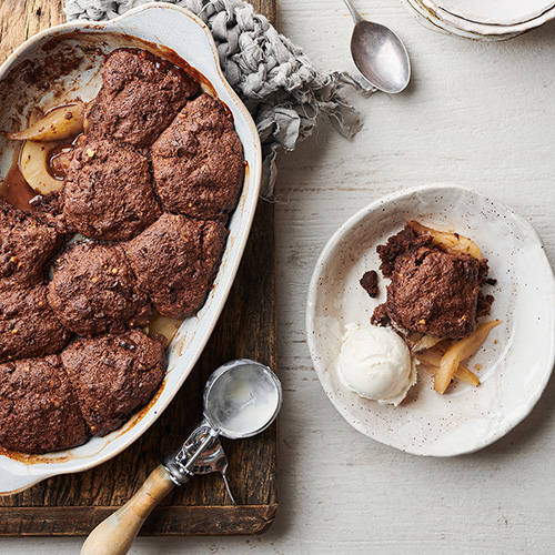 Chocolate pear and walnut cobbler