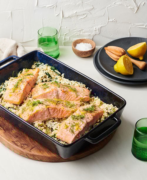 Salmon with leek and fennel baked risotto
